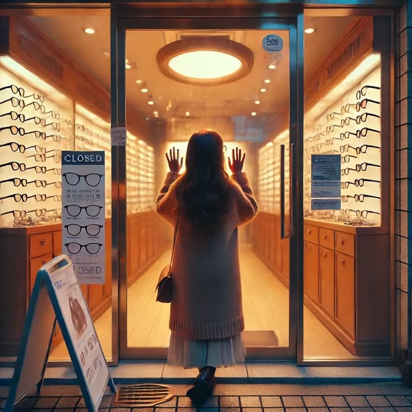 DALL·E 2024-08-13 11.37.18 - A woman is standing outside a store, her back facing the viewer. She is positioned close to the store’s glass door, with her hands pressed against the